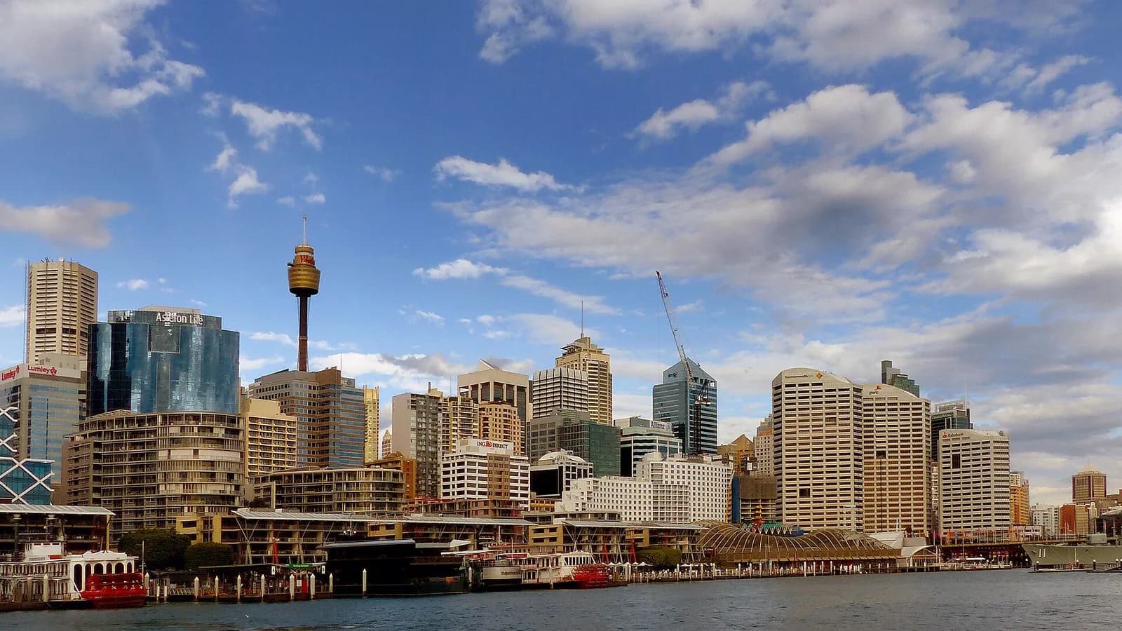 Office and apartment towers of central Sydney seen across the water of Darling Harbour, with the Sydney Tower spire on the left and a construction crane above the skyline under a blue sky with white cloud.