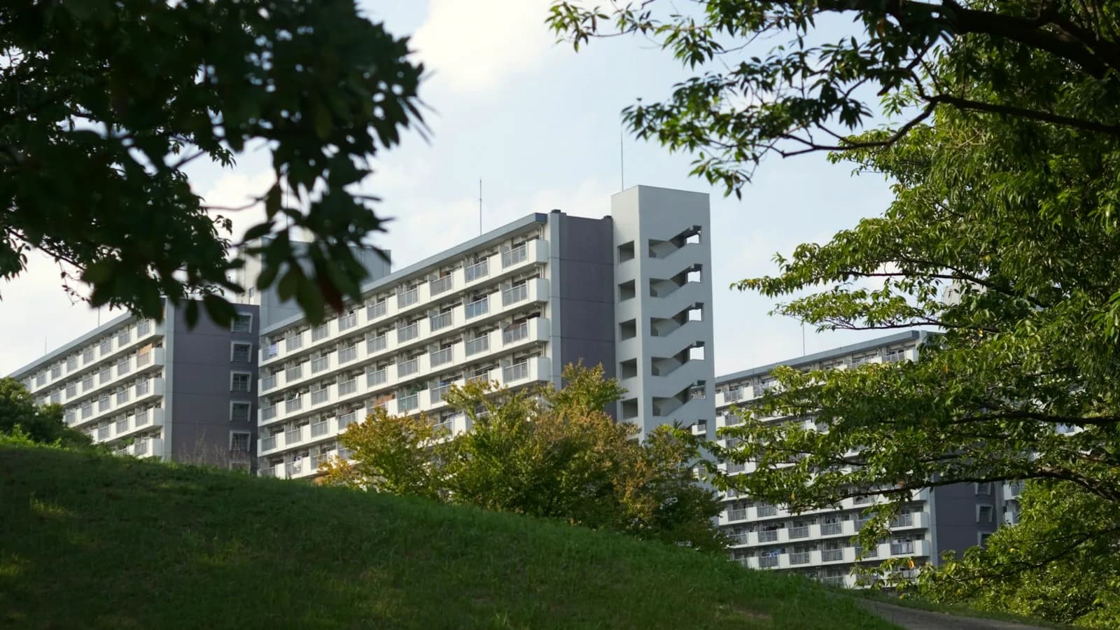 Tokyo apartment buildings with balconies, seen through trees and grass.